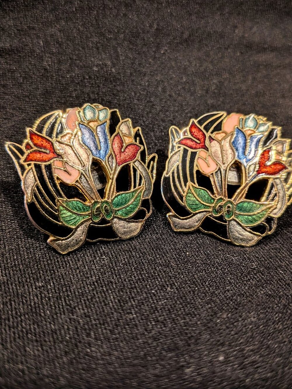 Vintage 80s Cloisonné Enamel Tulip Bouquet Earrings, Gold Tone